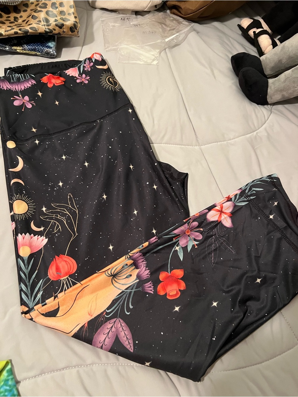 Yoga Democracy Black Floral Celestial Capri Leggings
